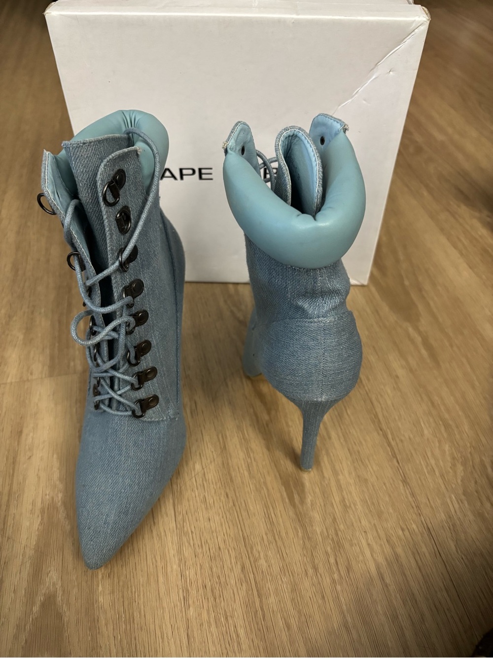 Cape Robbin Denim Lace-Up Pointed Toe Stiletto Ankle Boots